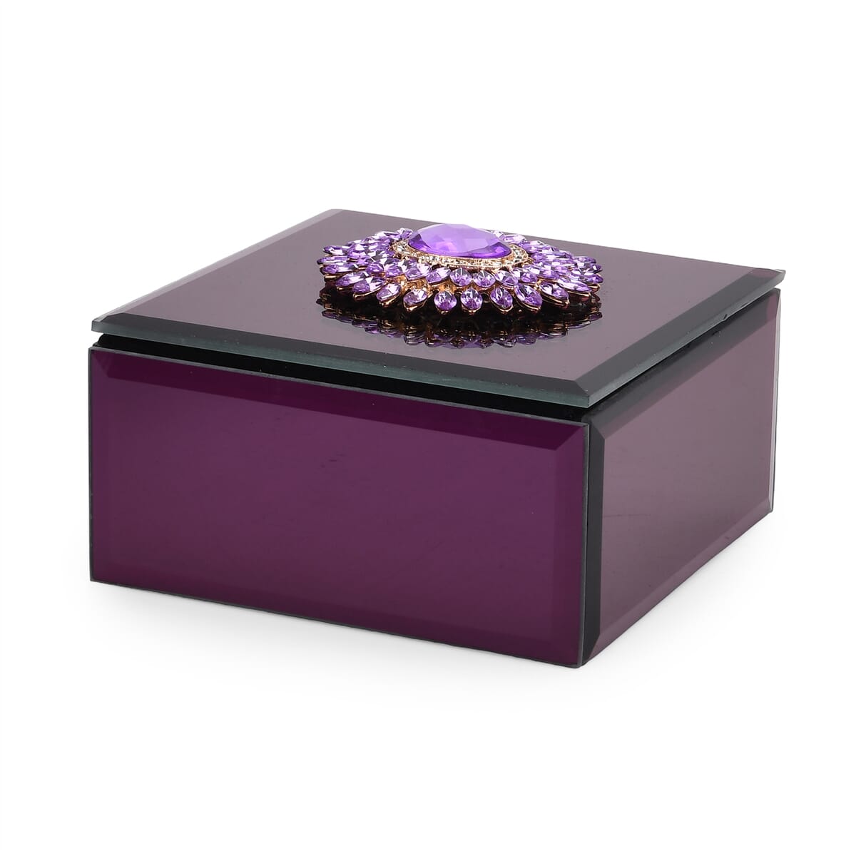 Square Glass Jewelry Box with Wine Red and Purple Crystal Floral on Top image number 2