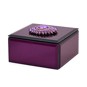 Livmore Square Glass Jewelry Box with Wine Red and Purple Crystal Floral on Top