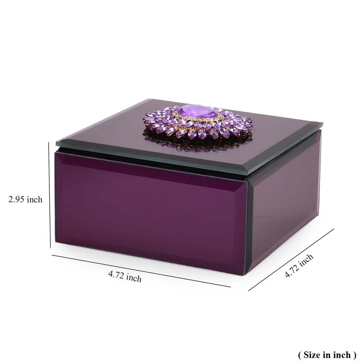 Square Glass Jewelry Box with Wine Red and Purple Crystal Floral on Top image number 5