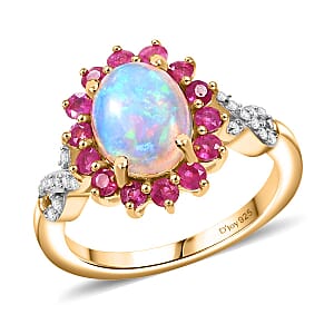 Premium Ethiopian Welo Opal and Multi Gemstone 2.00 ctw Sunburst Ring in 18K Vermeil Yellow Gold Over Sterling Silver (Size 10.0)