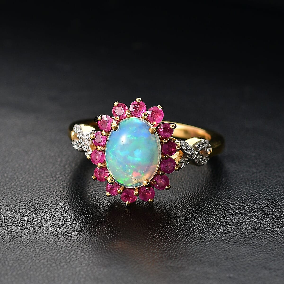 Premium Ethiopian Welo Opal and Multi Gemstone 2.00 ctw Sunburst Ring in 18K Vermeil Yellow Gold Over Sterling Silver (Size 10.0) image number 1