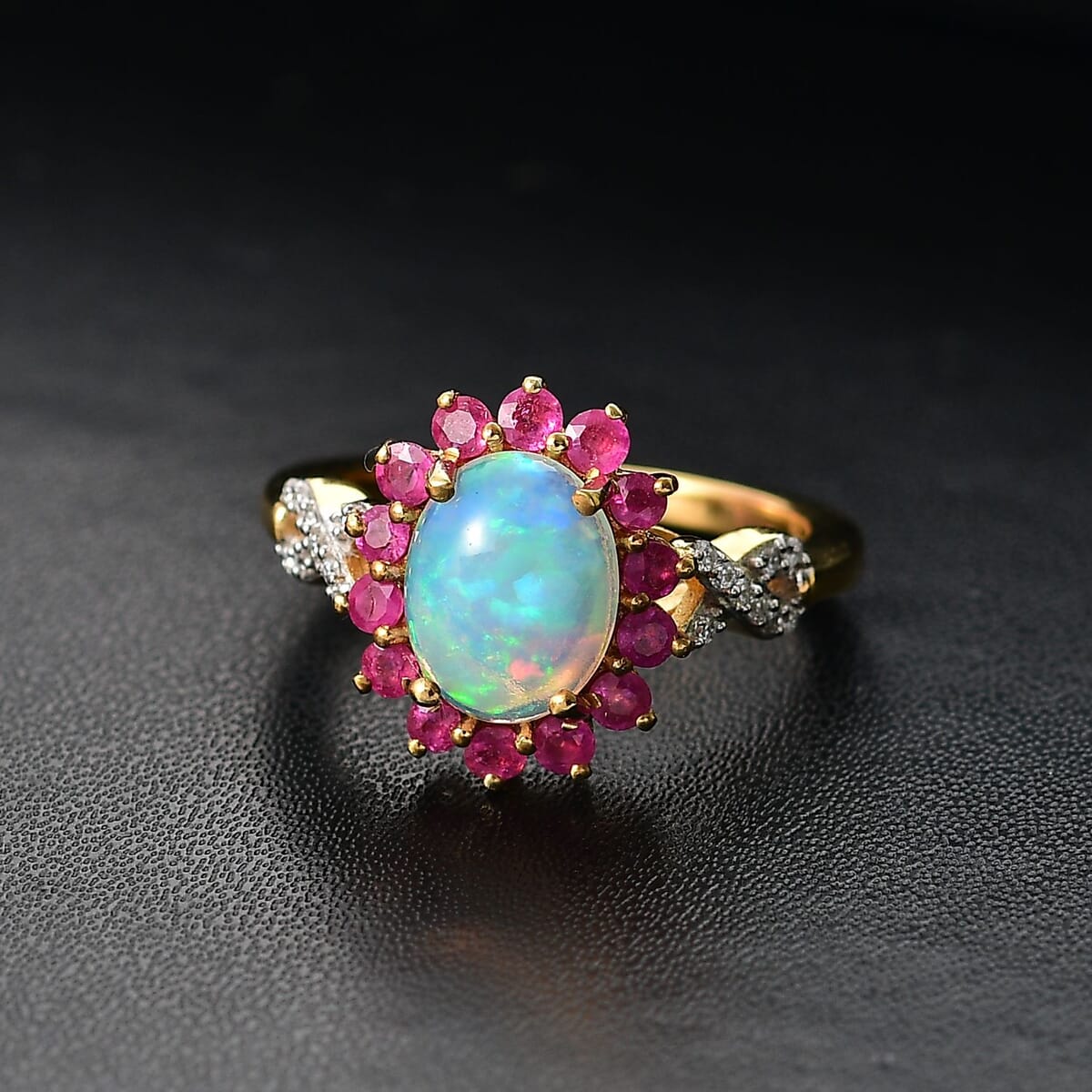 Premium Ethiopian Welo Opal and Multi Gemstone 2.00 ctw Sunburst Ring in 18K Vermeil Yellow Gold Over Sterling Silver (Size 7.0) image number 1