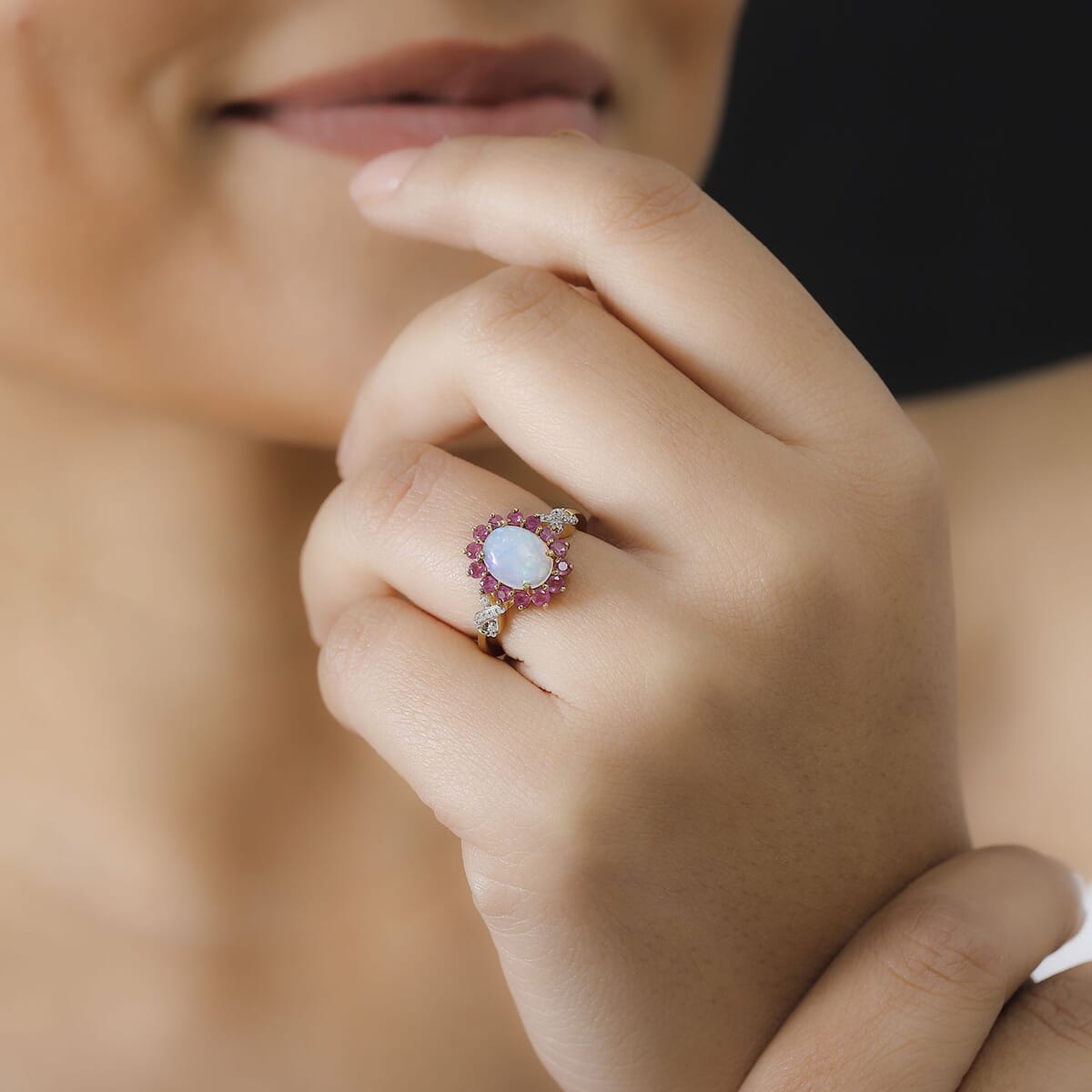 Premium Ethiopian Welo Opal and Multi Gemstone 2.00 ctw Sunburst Ring in 18K Vermeil Yellow Gold Over Sterling Silver (Size 7.0) image number 2