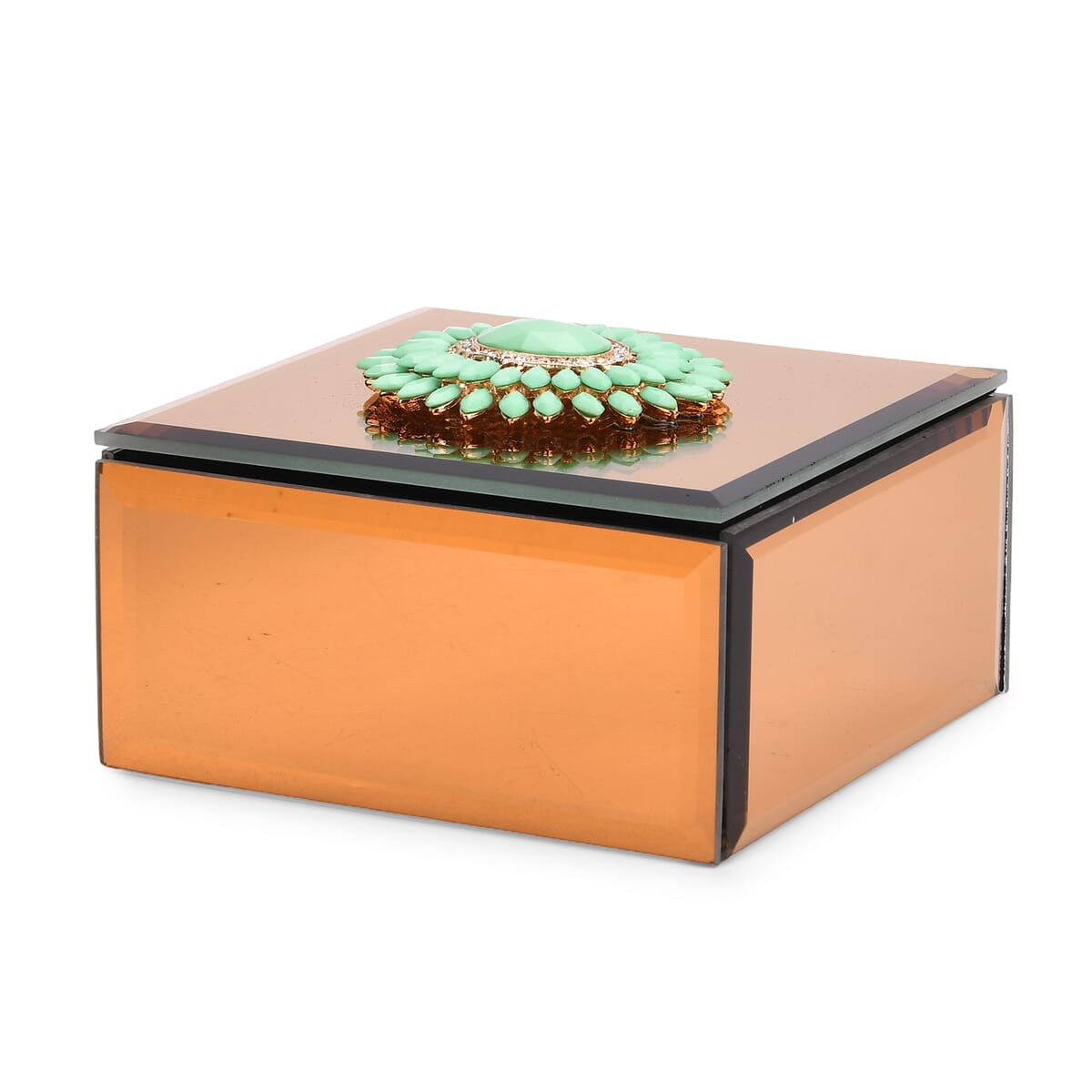 Square Glass Jewelry Box with Gold and Green Crystal Floral on Top image number 0