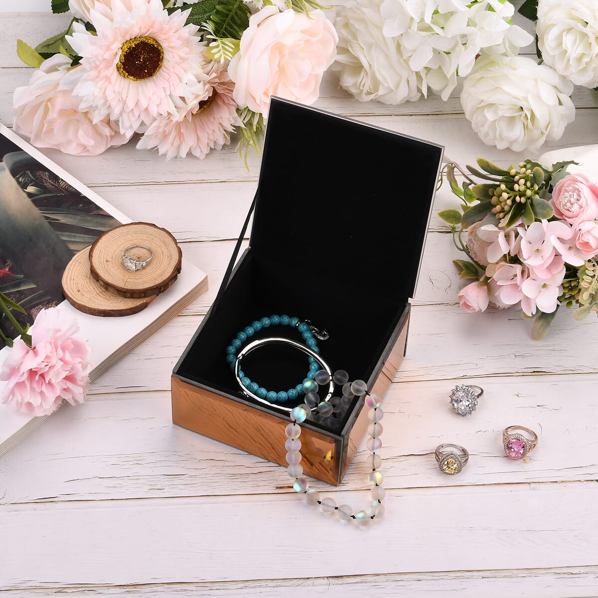 Square Glass Jewelry Box with Gold and Green Crystal Floral on Top image number 1