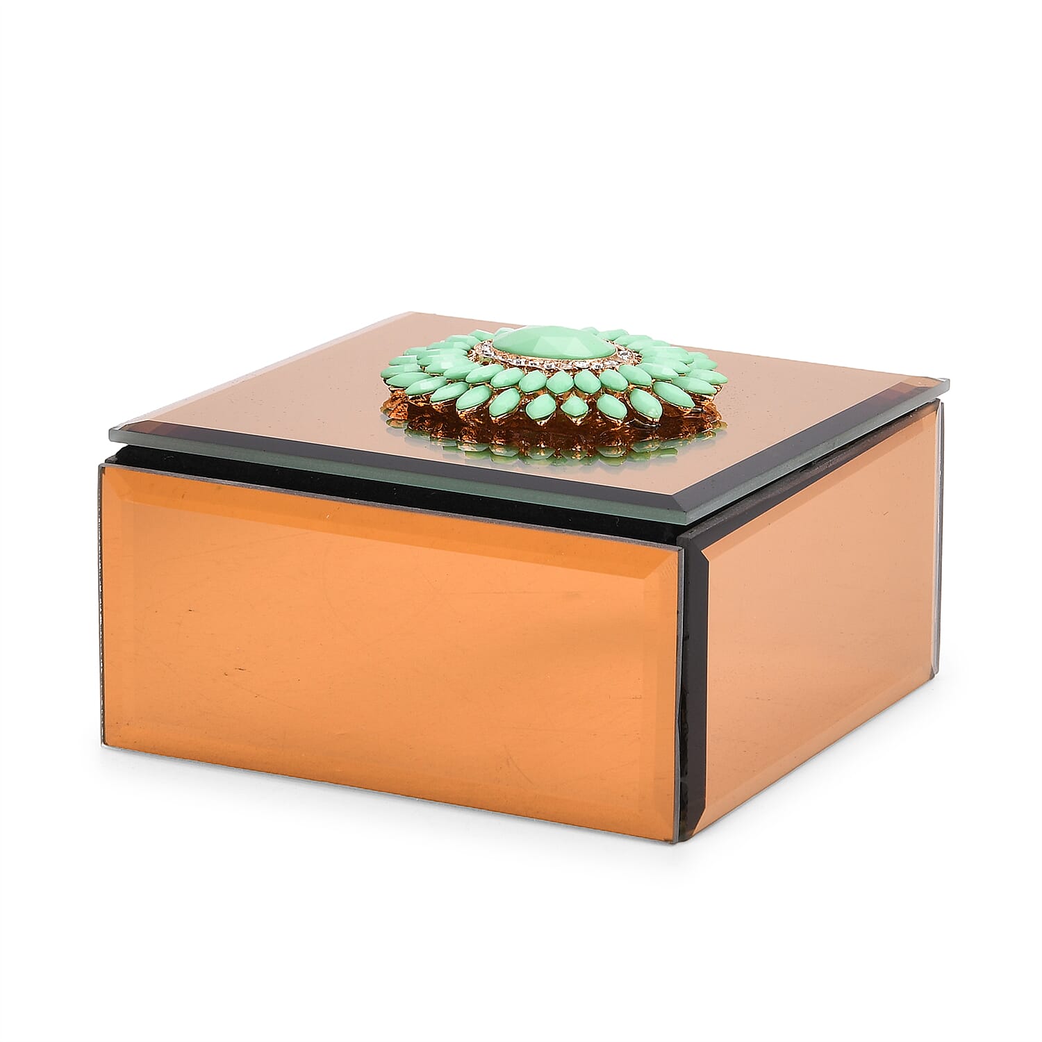 Livmore Square Glass Jewelry Box with Gold and Green Crystal Floral on Top