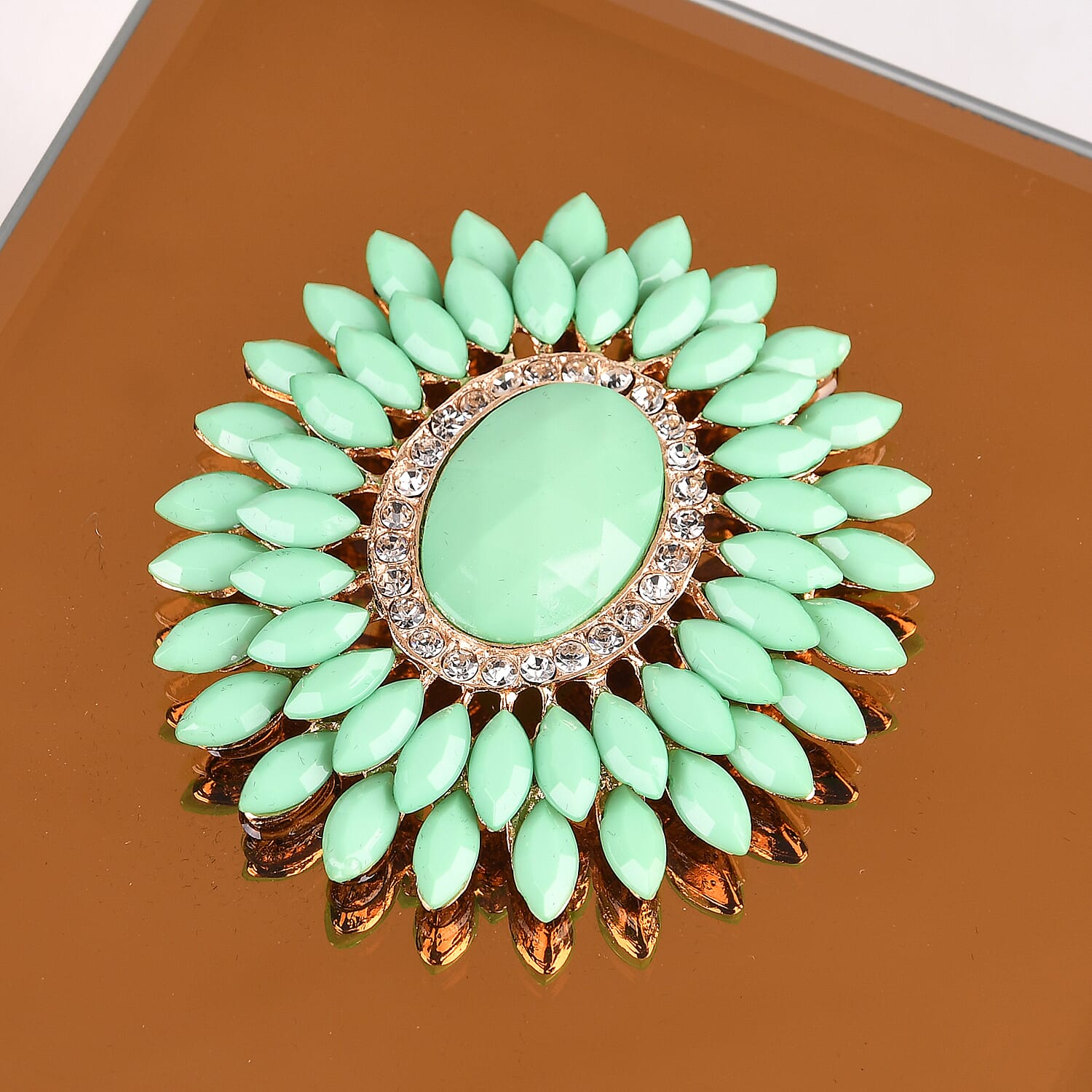 Livmore Square Glass Jewelry Box with Gold and Green Crystal Floral on Top