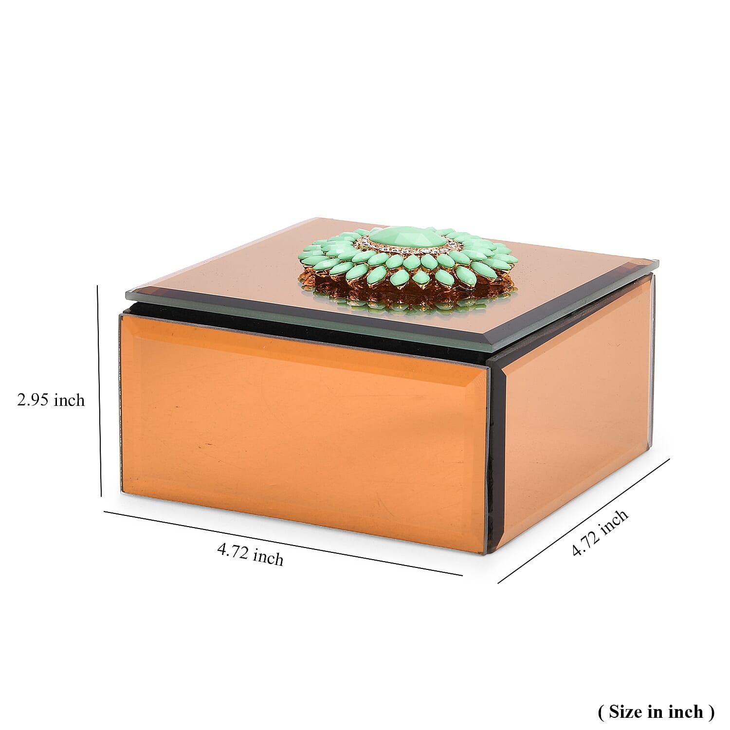 Livmore Square Glass Jewelry Box with Gold and Green Crystal Floral on Top