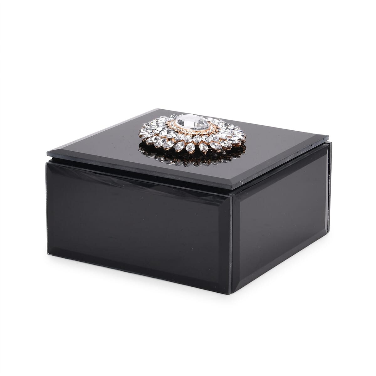 Square Glass Jewelry Box with Black and White Crystal Floral on Top image number 0