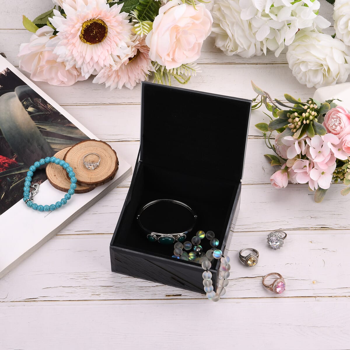 Square Glass Jewelry Box with Black and White Crystal Floral on Top image number 1