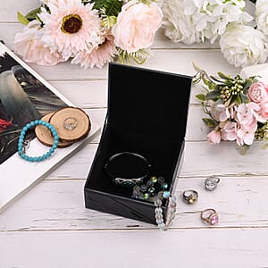  Square Glass Jewelry Box with Black and White Crystal Floral on Top