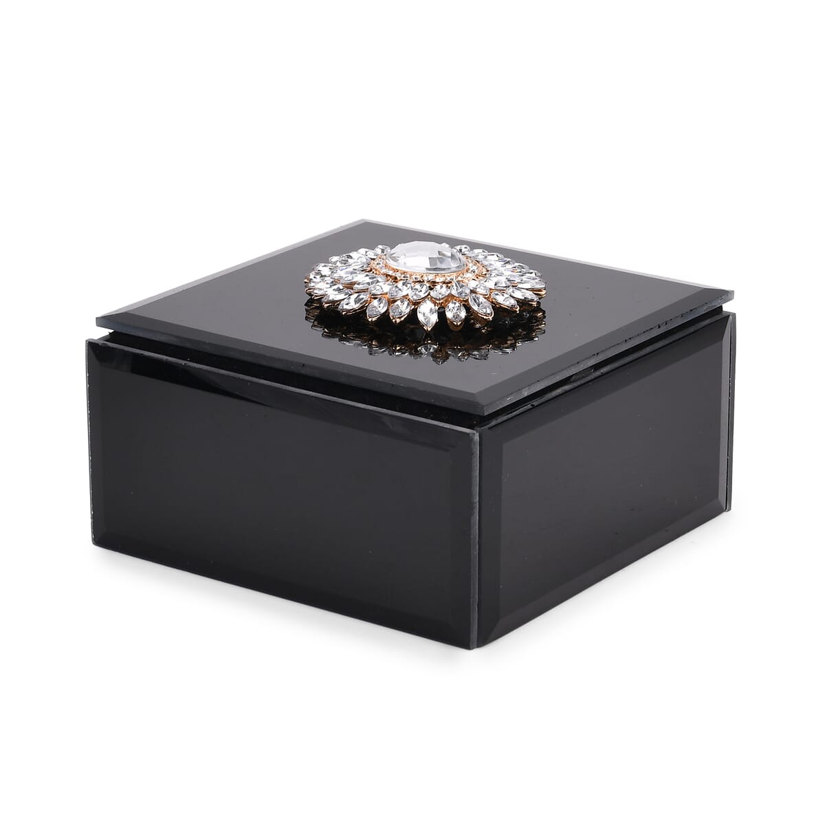 Square Glass Jewelry Box with Black and White Crystal Floral on Top image number 2