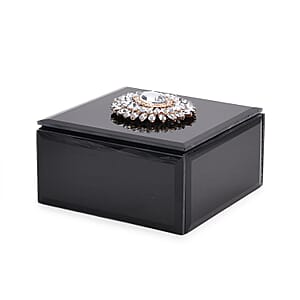  Square Glass Jewelry Box with Black and White Crystal Floral on Top
