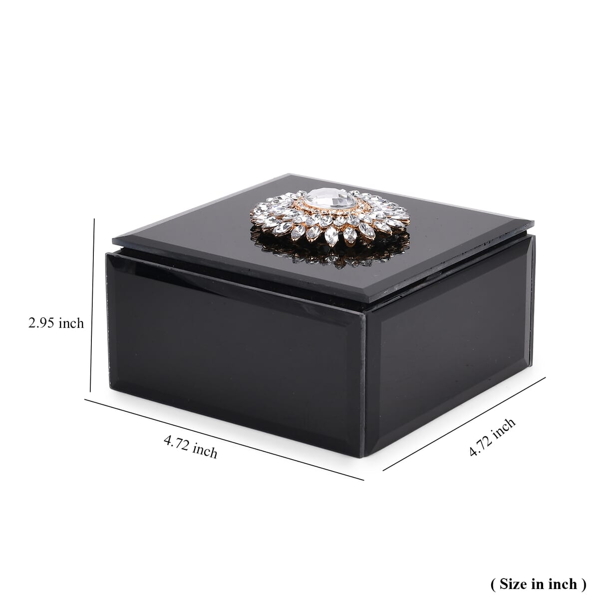 Square Glass Jewelry Box with Black and White Crystal Floral on Top image number 5