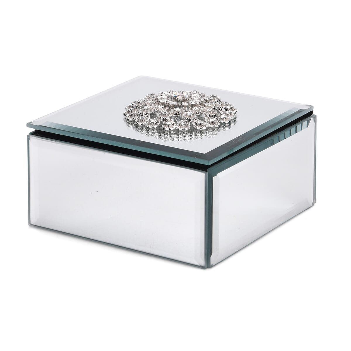 Square Glass Jewelry Box with Silver and White Crystal Floral on Top image number 0