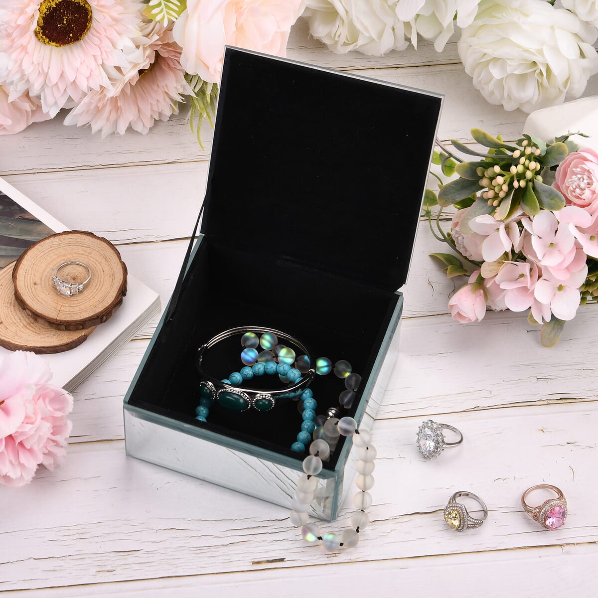 Square Glass Jewelry Box with Silver and White Crystal Floral on Top image number 1