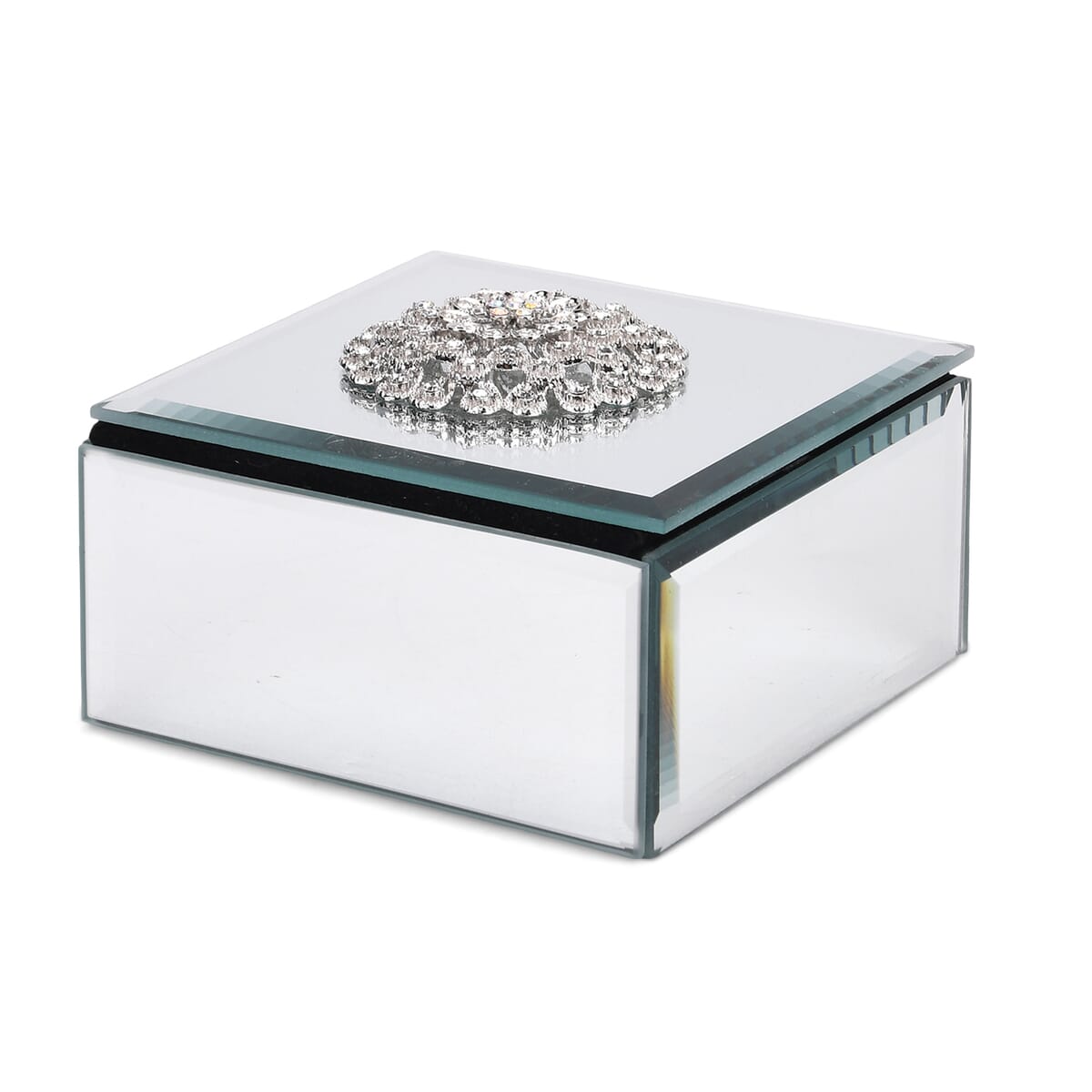 Square Glass Jewelry Box with Silver and White Crystal Floral on Top image number 2