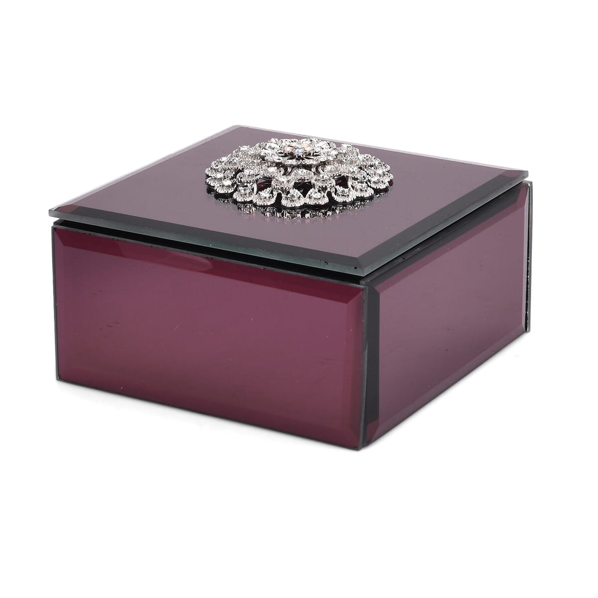 Square Glass Jewelry Box with Wine Red and White Crystal Floral on Top image number 0