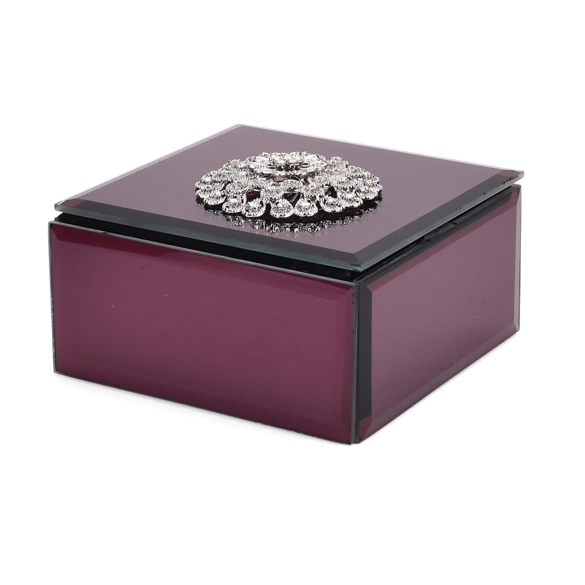 Square Glass Jewelry Box with Wine Red and White Crystal Floral on Top image number 2