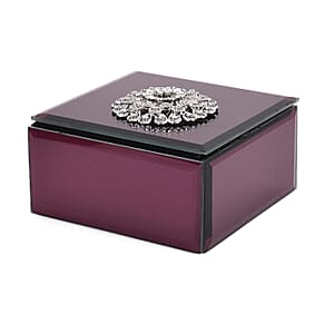  Square Glass Jewelry Box with Wine Red and White Crystal Floral on Top