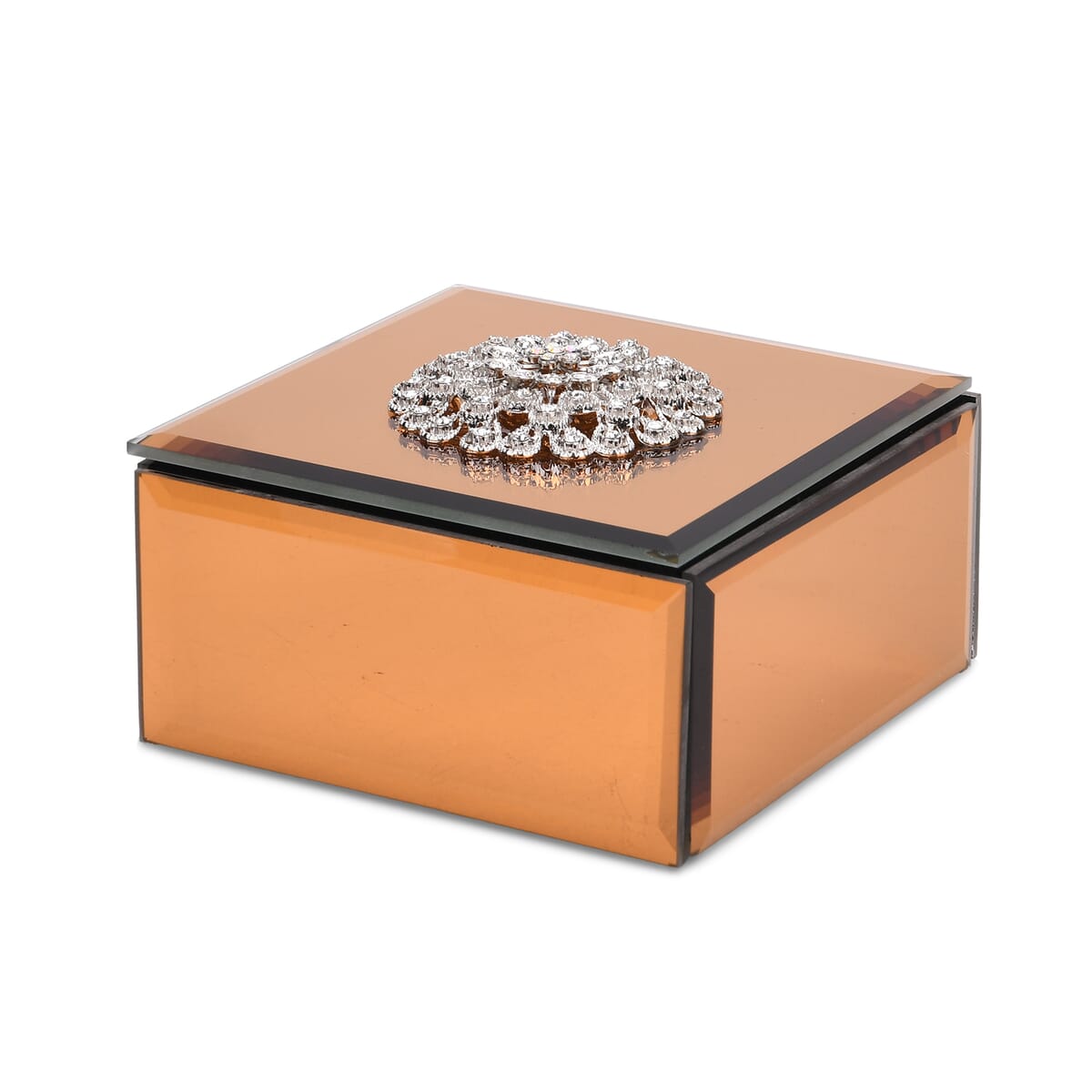 Square Glass Jewelry Box with Gold and White Crystal Floral on Top image number 0