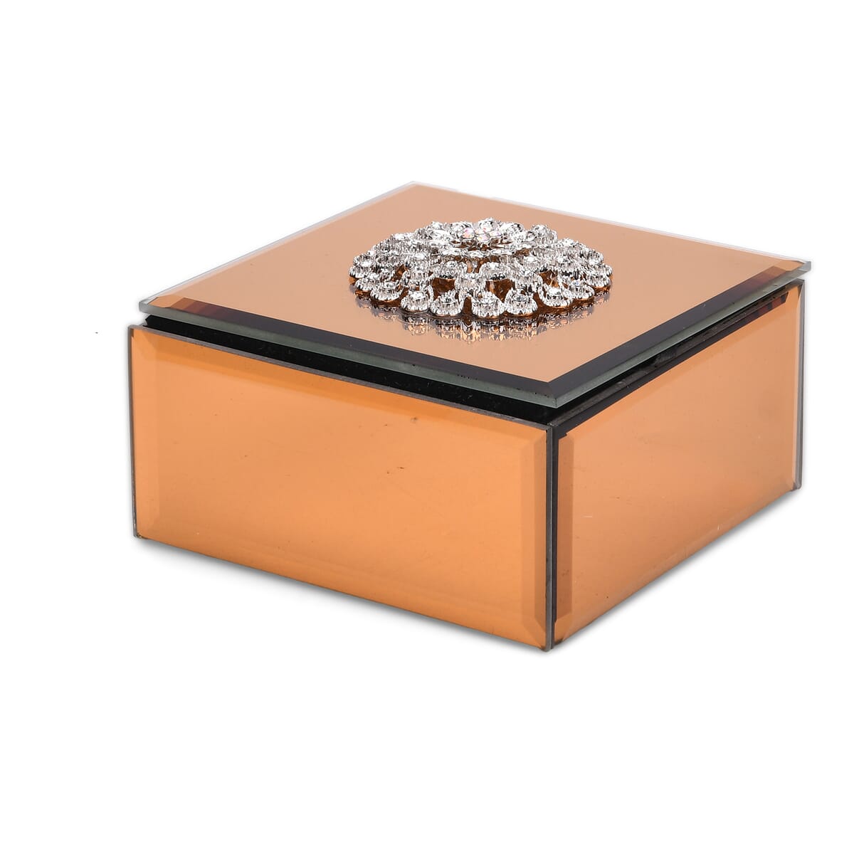 Square Glass Jewelry Box with Gold and White Crystal Floral on Top image number 2