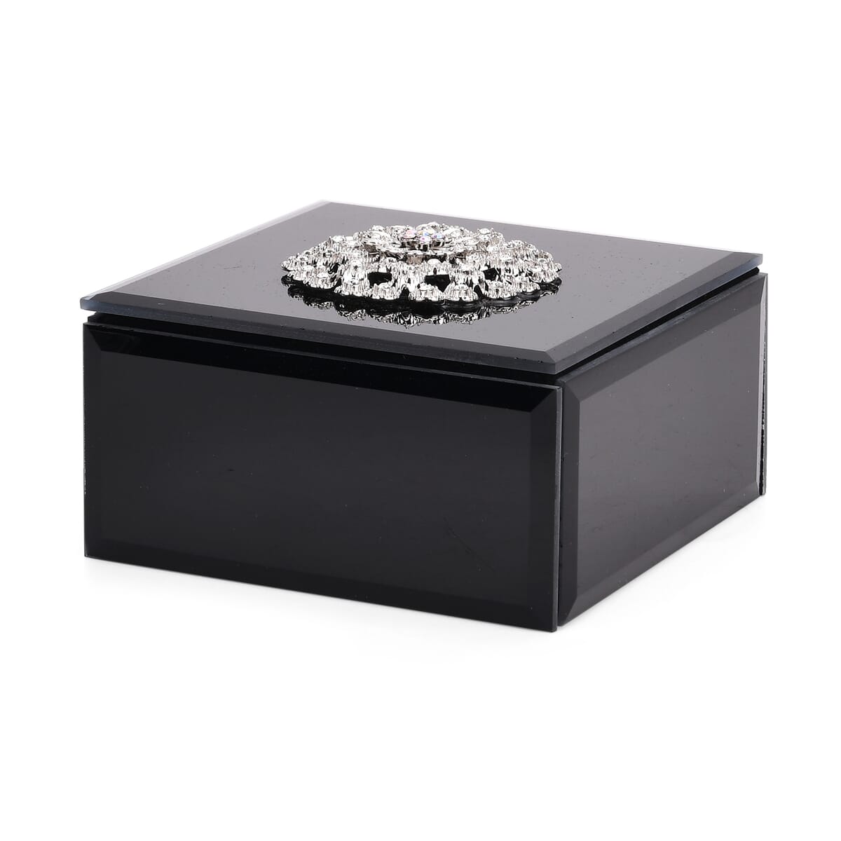 Square Glass Jewelry Box with Black and White Crystal Floral on Top image number 0