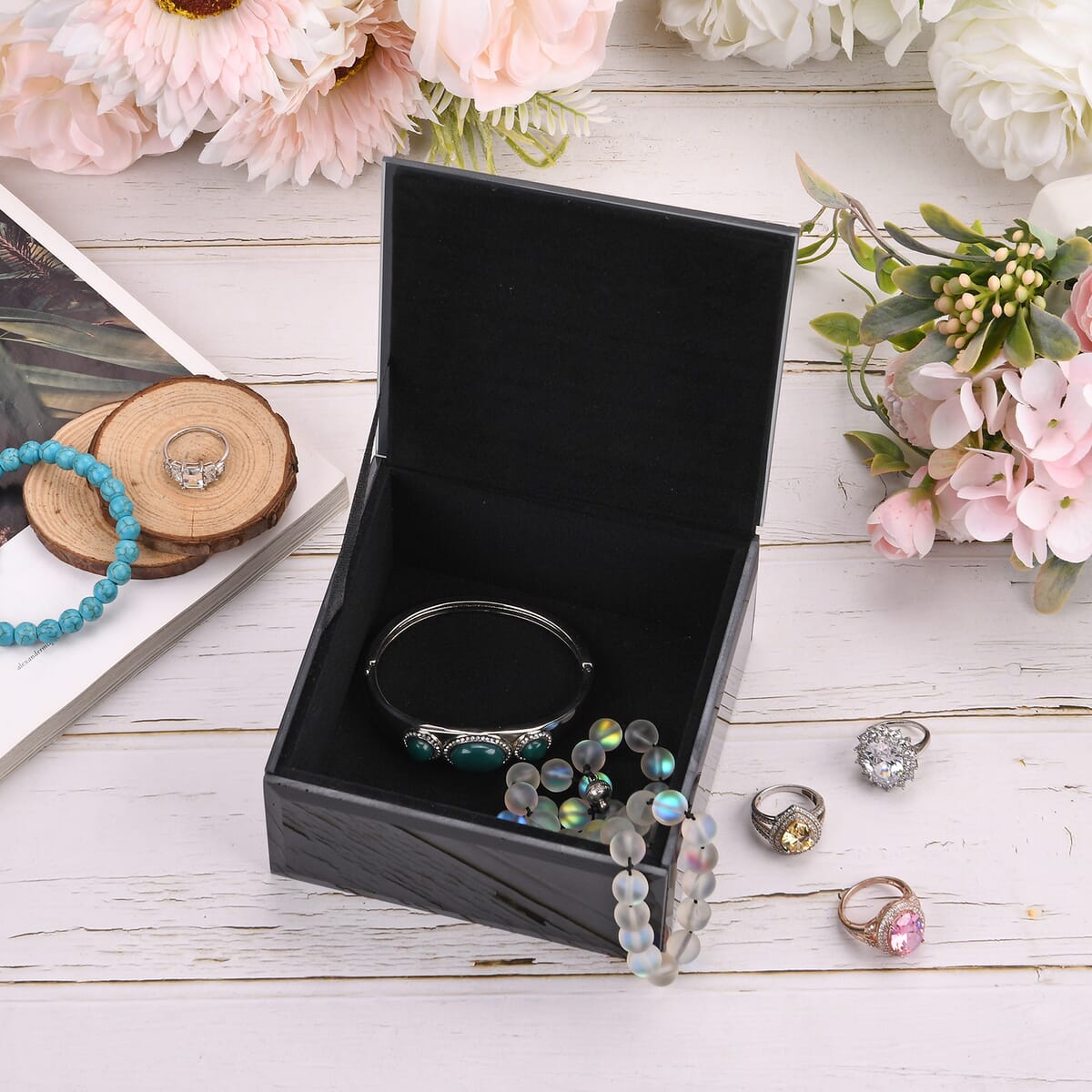 Square Glass Jewelry Box with Black and White Crystal Floral on Top image number 1