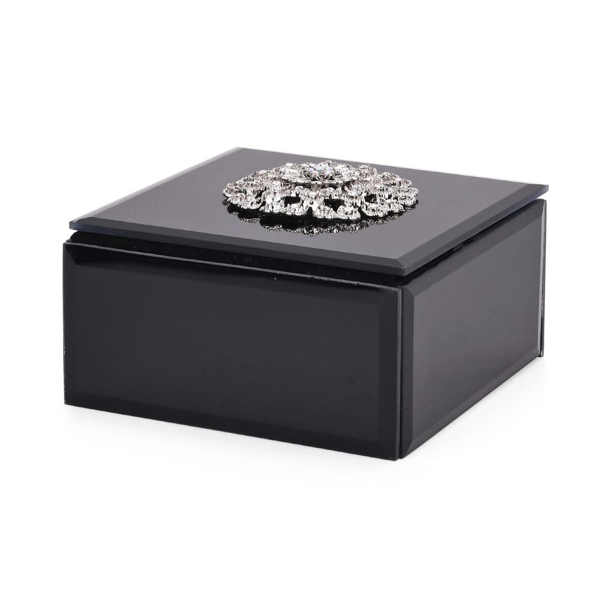 Square Glass Jewelry Box with Black and White Crystal Floral on Top image number 2