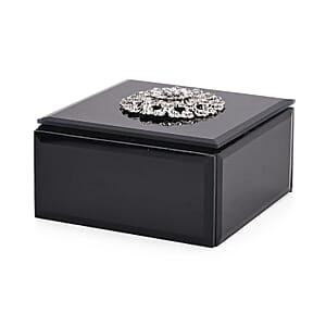  Square Glass Jewelry Box with Black and White Crystal Floral on Top