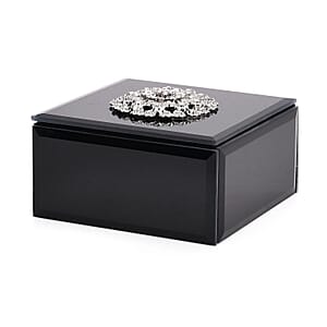  Square Glass Jewelry Box with Black and White Crystal Floral on Top