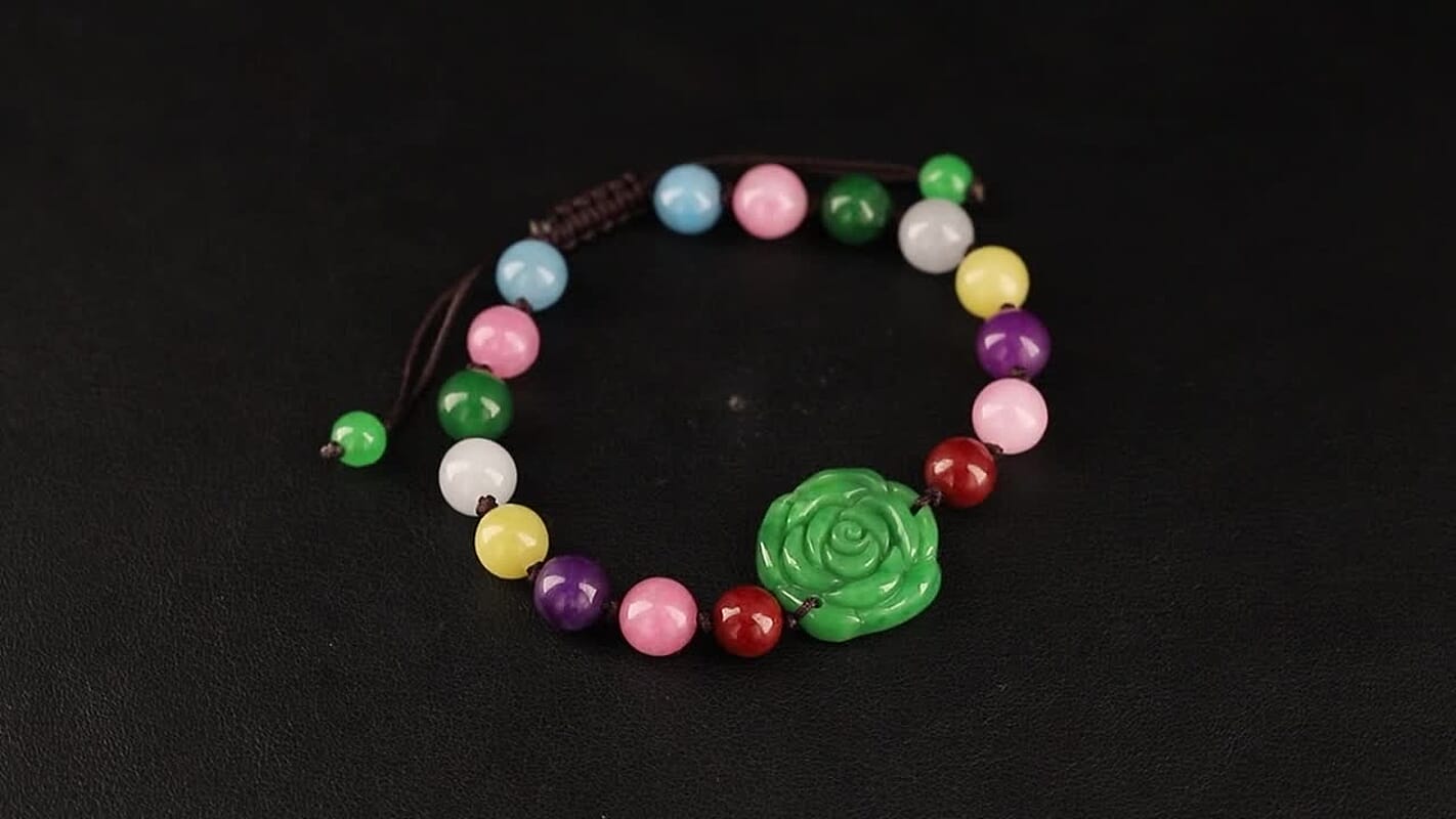 Multi Burmese Jade Beaded Bracelet with Flower (6-9In) 105.00 ctw