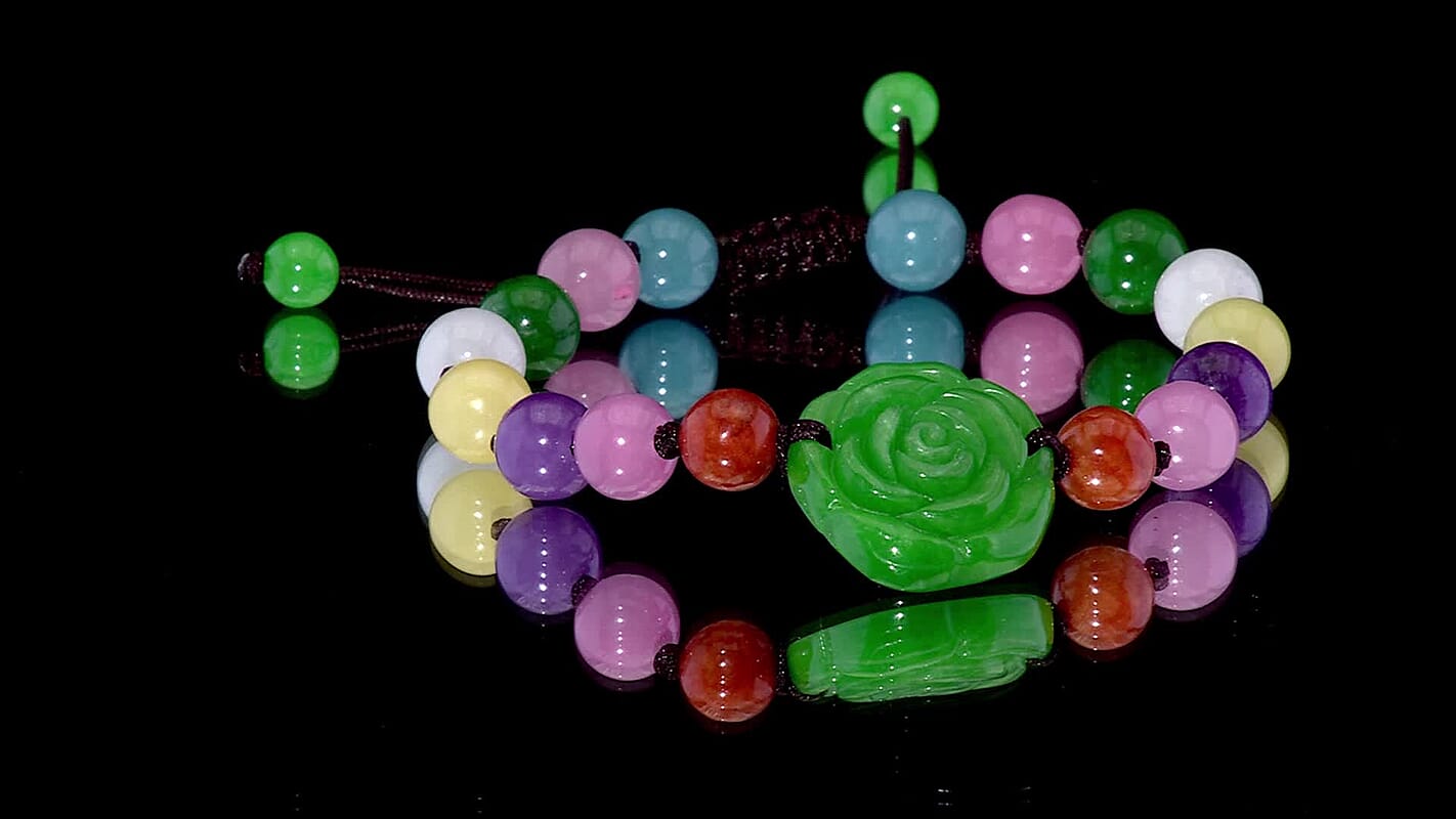 Multi Burmese Jade Beaded Bracelet with Flower (6-9In) 105.00 ctw