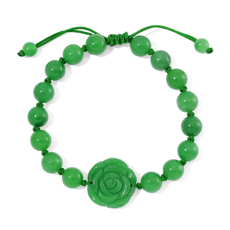 Green Jade (D) 105.00 ctw Beaded with Carved Flower Bracelet (6-9In)