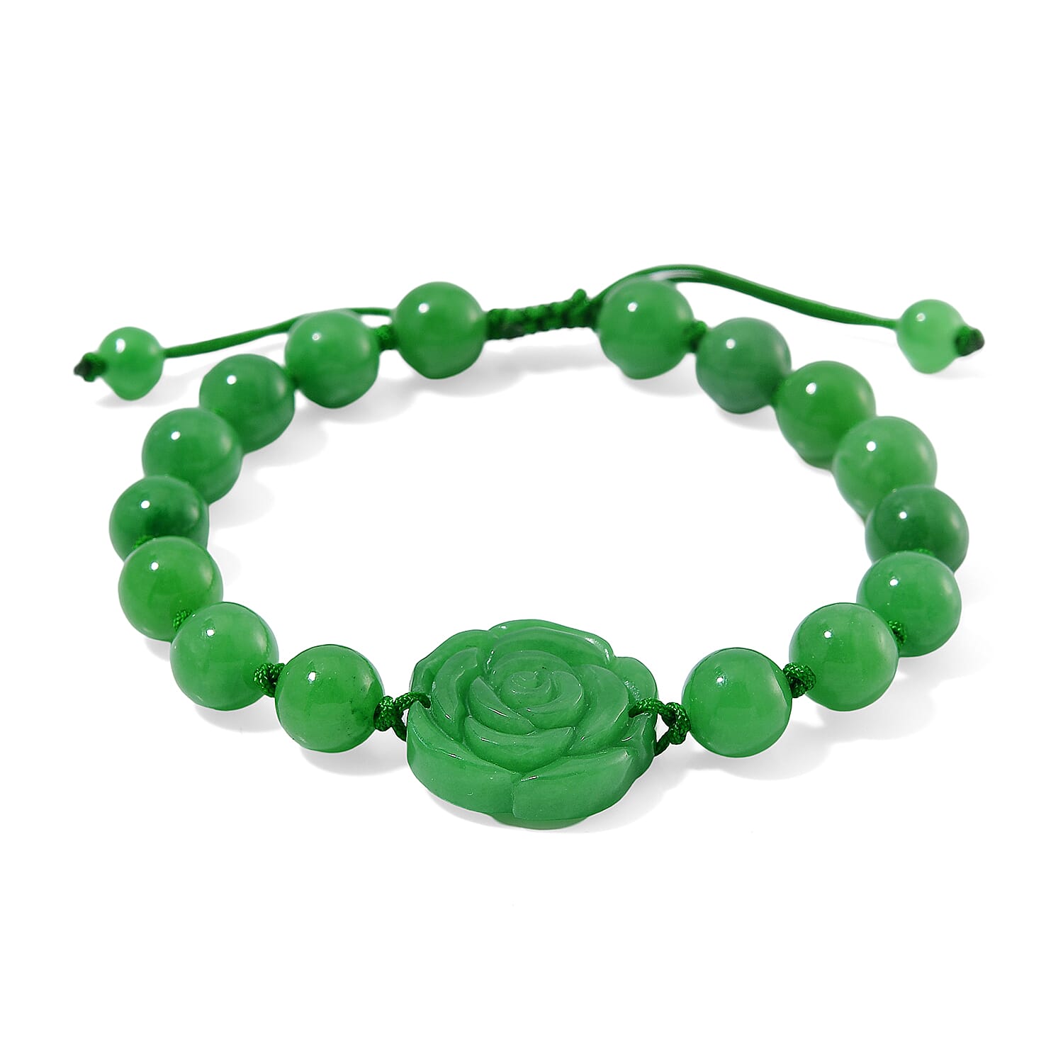 Green Jade (D) 105.00 ctw Beaded with Carved Flower Bracelet (6-9In)
