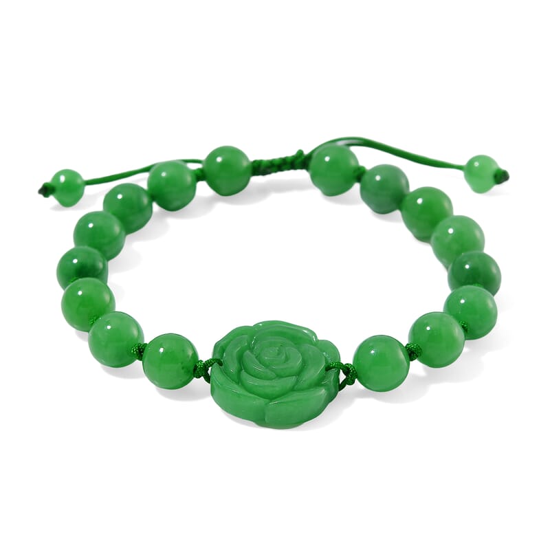 Green Jade (D) 105.00 ctw Beaded with Carved Flower Bracelet (6-9In)