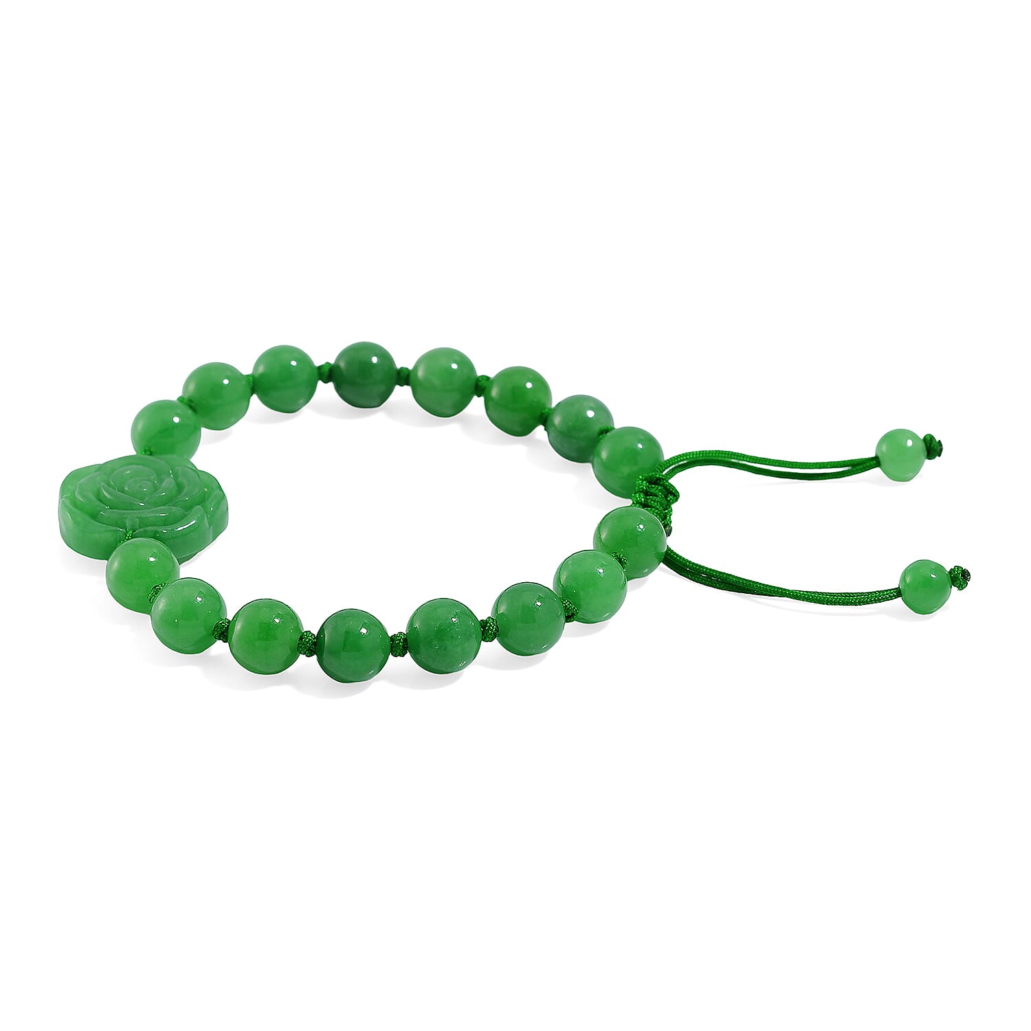 Green Jade (D) 105.00 ctw Beaded with Carved Flower Bracelet (6-9In)