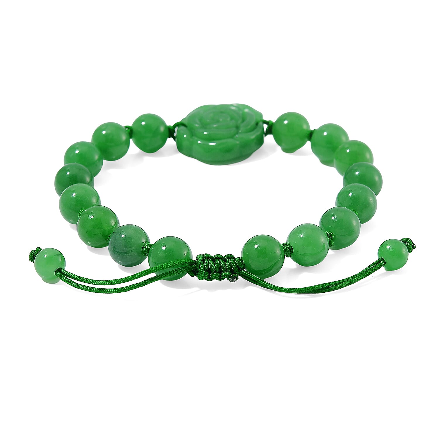Green Jade (D) 105.00 ctw Beaded with Carved Flower Bracelet (6-9In)
