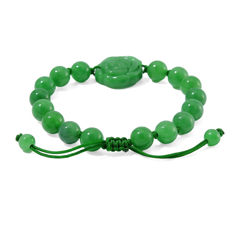 Green Jade (D) 105.00 ctw Beaded with Carved Flower Bracelet (6-9In)