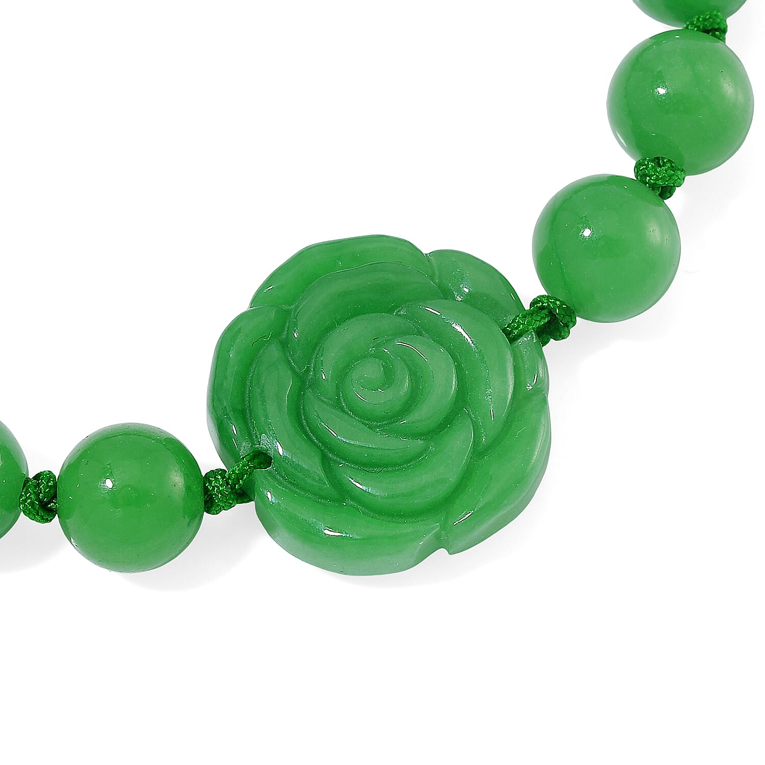 Green Jade (D) 105.00 ctw Beaded with Carved Flower Bracelet (6-9In)