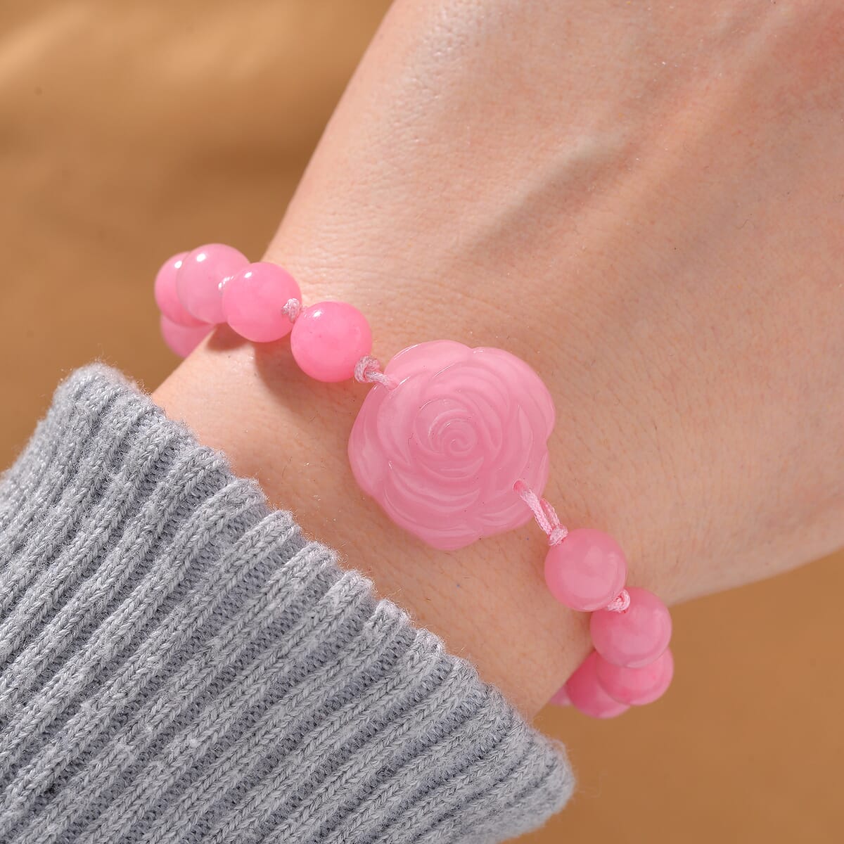 Pink Burmese Jade Beaded Bracelet with Flower (6-9In) 105.00 ctw image number 1