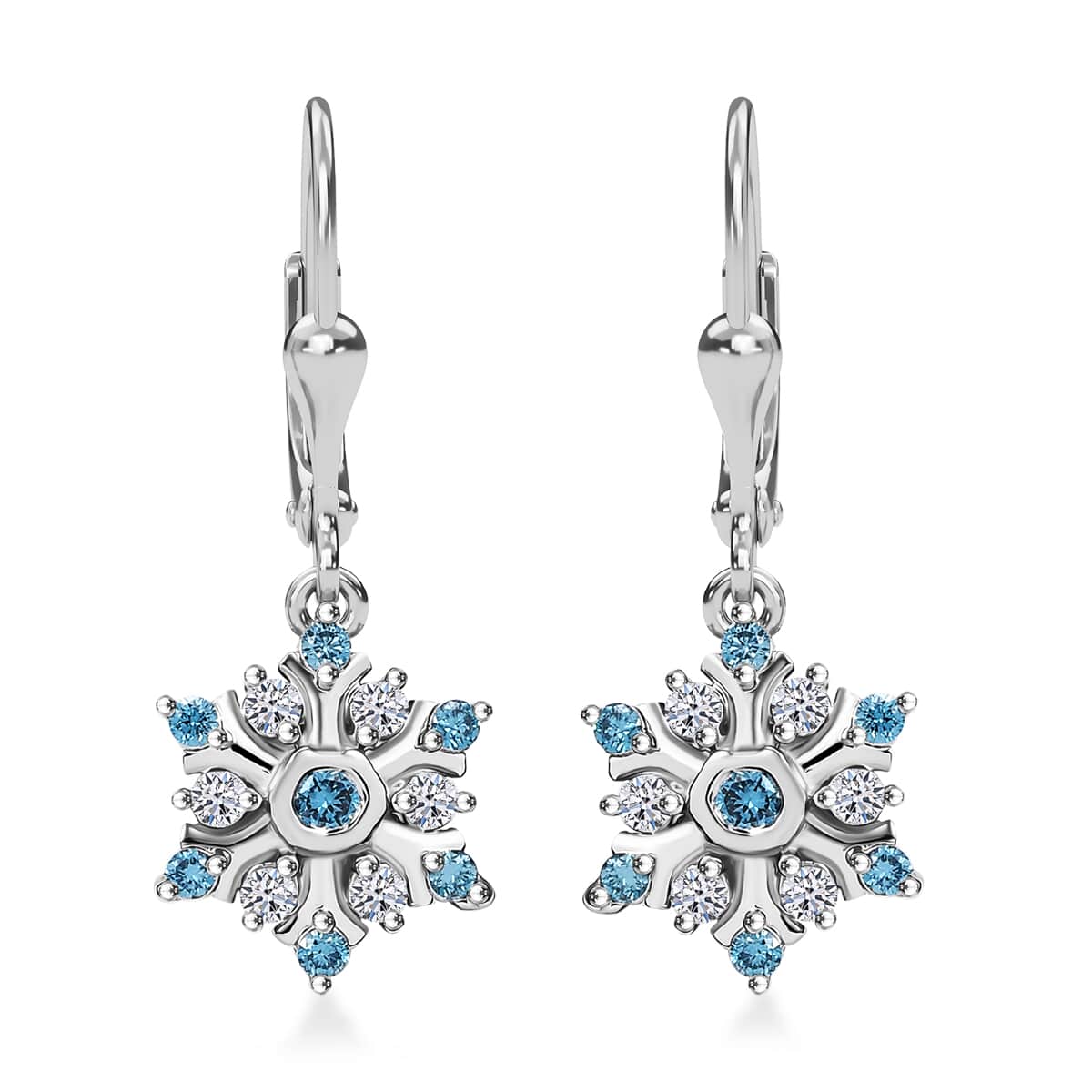 Luxuriant Lab Grown Blue and White Diamond 0.50 ctw Snowflake Dangling Earrings in Rhodium Over Sterling Silver image number 0