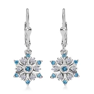 Luxuriant Lab Grown Blue and White Diamond 0.50 ctw Snowflake Dangling Earrings in Rhodium Over Sterling Silver