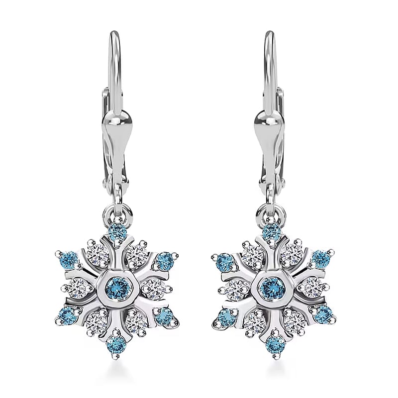 Luxuriant Lab Grown Blue Diamond (IR) and Lab Grown White Diamond 0.50 ctw Snowflake Dangling Earrings in Rhodium Over Sterling Silver