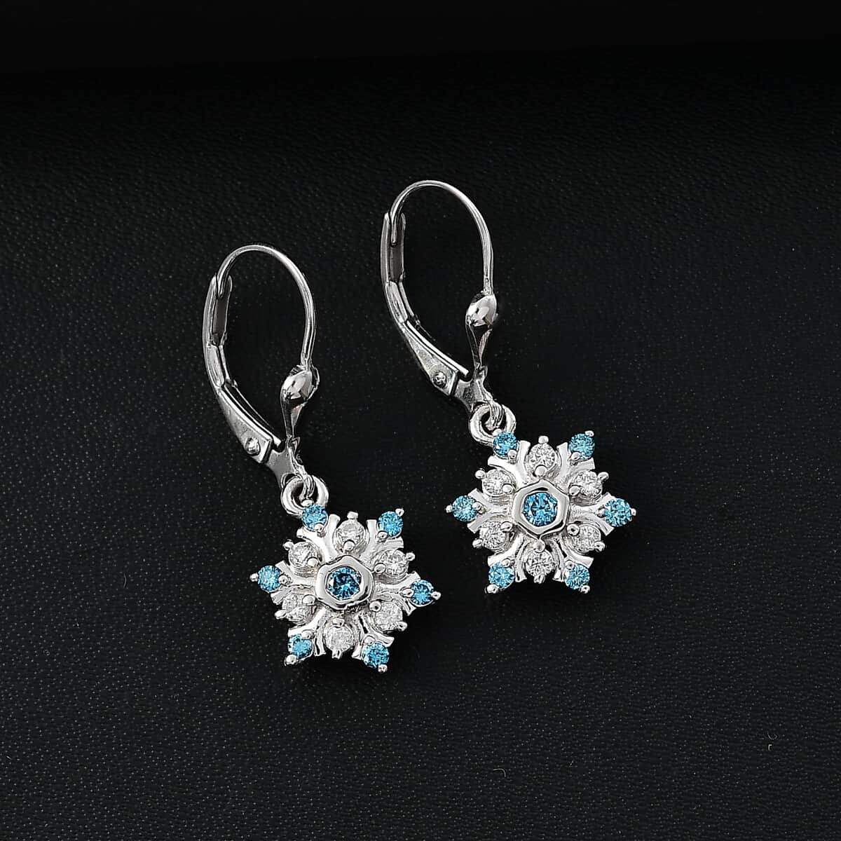 Luxuriant Lab Grown Blue and White Diamond 0.50 ctw Snowflake Dangling Earrings in Rhodium Over Sterling Silver image number 1