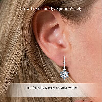 Luxuriant Lab Grown Blue Diamond (IR) and Lab Grown White Diamond 0.50 ctw Snowflake Dangling Earrings in Rhodium Over Sterling Silver