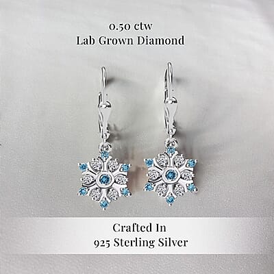 Luxuriant Lab Grown Blue Diamond (IR) and Lab Grown White Diamond 0.50 ctw Snowflake Dangling Earrings in Rhodium Over Sterling Silver