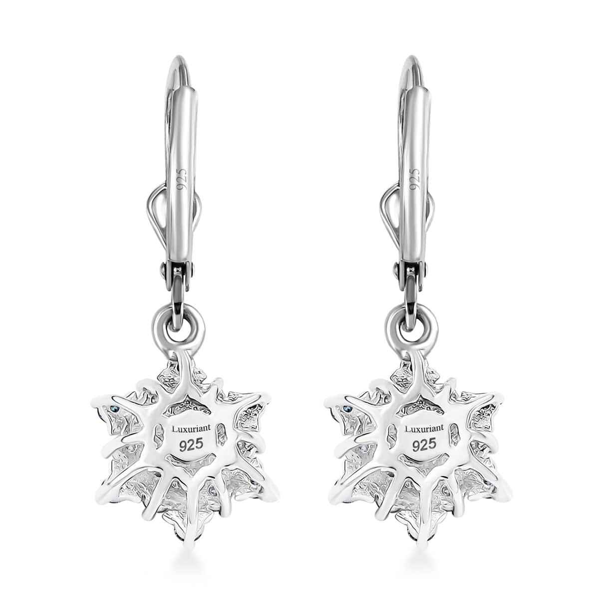 Luxuriant Lab Grown Blue and White Diamond 0.50 ctw Snowflake Dangling Earrings in Rhodium Over Sterling Silver image number 4