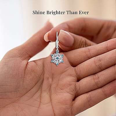 Luxuriant Lab Grown Blue Diamond (IR) and Lab Grown White Diamond 0.50 ctw Snowflake Dangling Earrings in Rhodium Over Sterling Silver