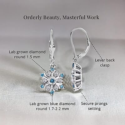 Luxuriant Lab Grown Blue Diamond (IR) and Lab Grown White Diamond 0.50 ctw Snowflake Dangling Earrings in Rhodium Over Sterling Silver